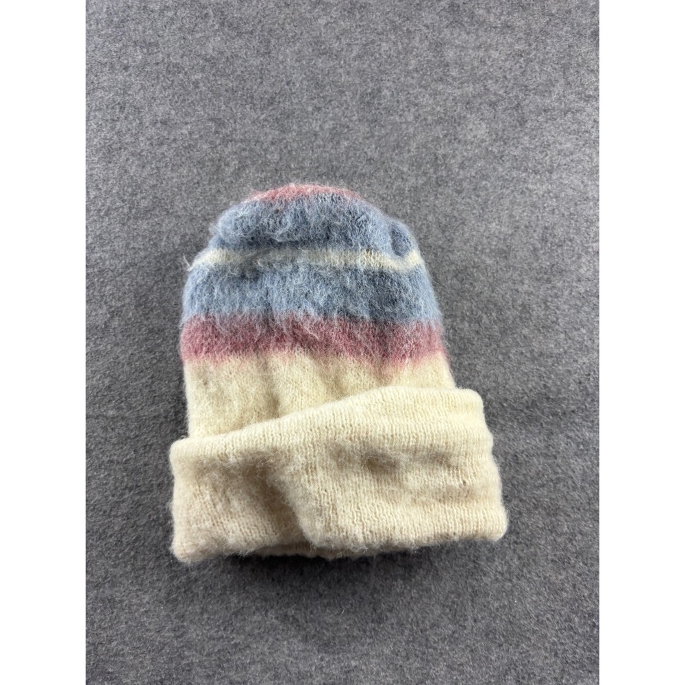 Icelandic Pure New Wool Striped Beanie Hat Made in Great Britain Cream Blue Pink